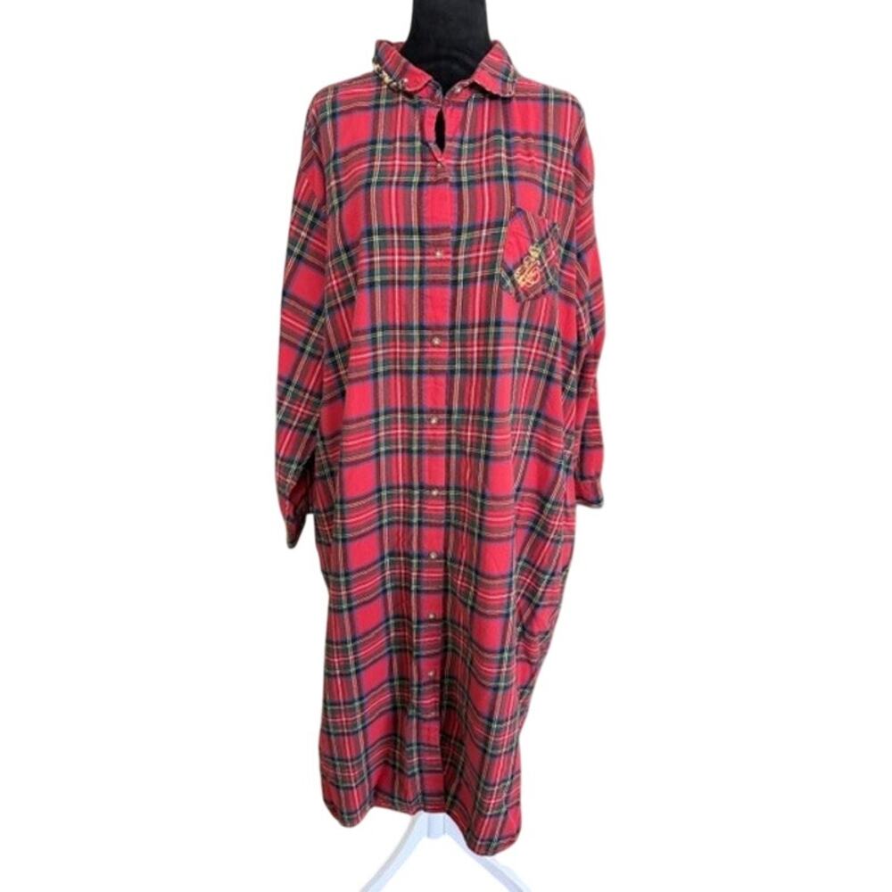 Lauren Ralph Lauren Nightgown 3X Red Plaid Button Front Flannel Holiday Maxi - Picture 2 of 9